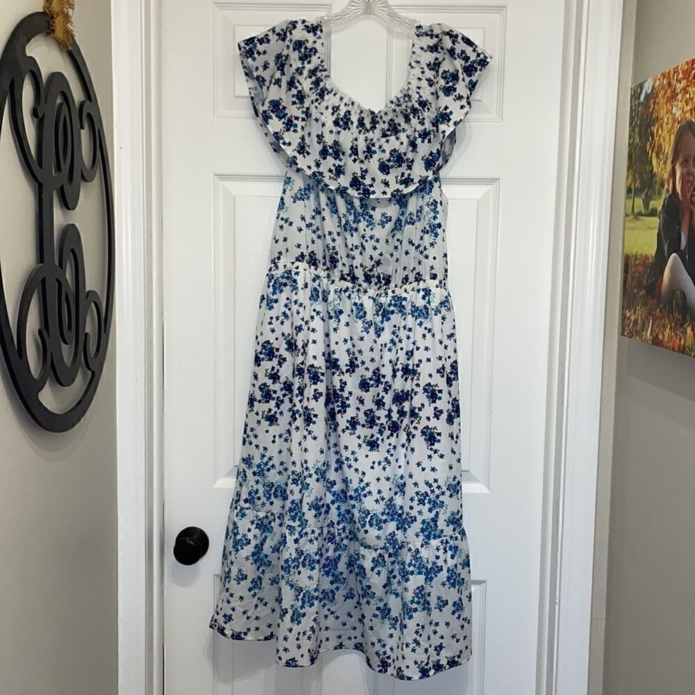 Rosie Pope Maternity Blue & White Floral Serena off the shoulder Dress